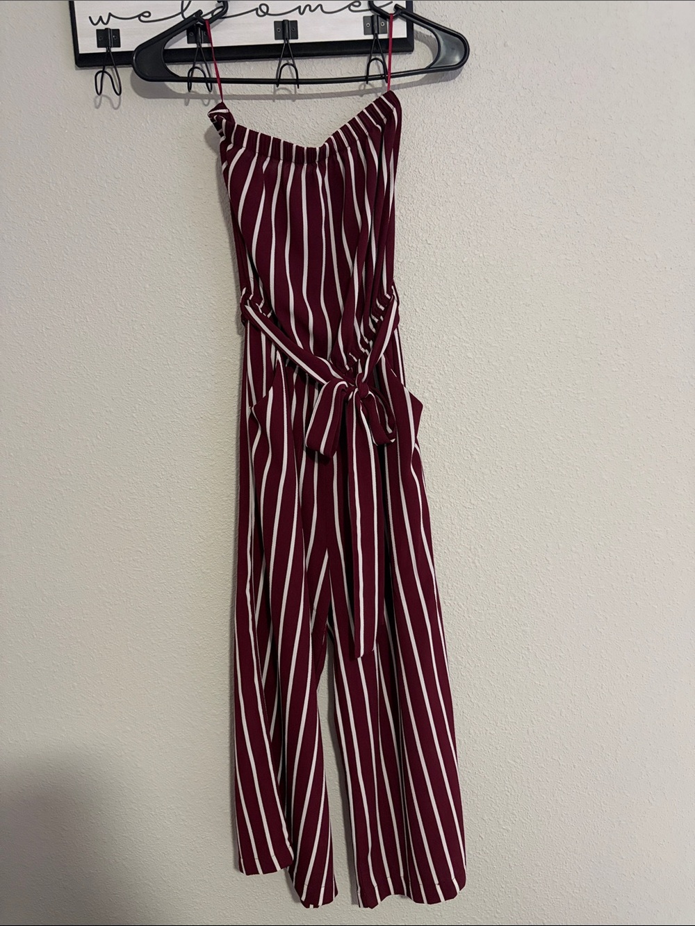 Ambiance Burgundy and White Striped Spaghetti-Strap Jumpsuit with Waist Tie